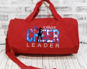 Personalized Red White and Blue Cheer Bag - Small Royal Duffle Bag Shown