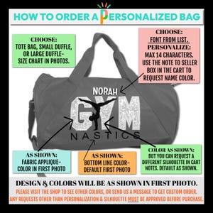 May include: A gray gym bag with the word "GYM" in white glitter letters and a gymnast silhouette. The bag is personalized with the name "NORAH" and has instructions for ordering a custom bag.