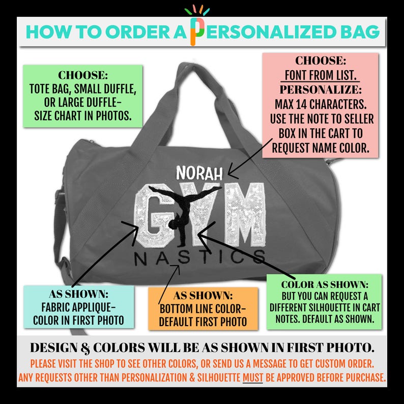 May include: A gray gym bag with the word "GYM" in white glitter letters and a gymnast silhouette. The bag is personalized with the name "NORAH" and has instructions for ordering a custom bag.