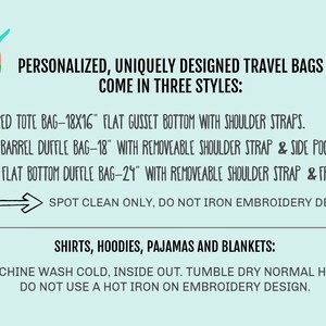 May include: A light blue background with a colorful letter "P" and text that reads "Personalized, uniquely designed travel bags come in three styles:"  The text lists three different travel bags with their sizes and features. The text also includes care instructions for the bags and for shirts, hoodies, pajamas, and blankets. The care instructions include washing, drying, and ironing instructions.