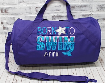 Personalized Born to Swim Mermaid Bag for Girls- Small Purple Duffle Shown