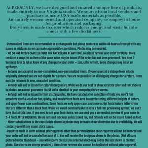 May include: A text-based image outlining the terms and conditions for personalized items sold by Dragon's Gear, a PERSUNLY.com brand. The text explains the company's policies on returns, cancellations, and font choices. It also mentions a 60-day non-breakage guarantee.