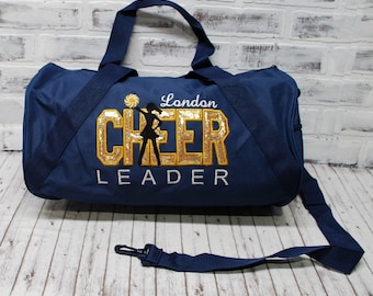 Personalized Navy Gold Cheer Travel Bag - Small Duffle Bag Shown
