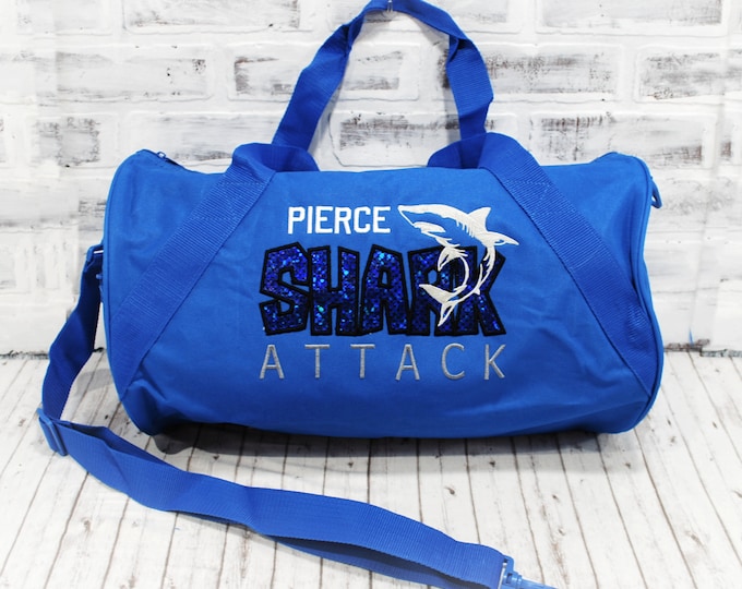 Personalized Shark Swim Bag for kids - Shown on Small Royal Duffle