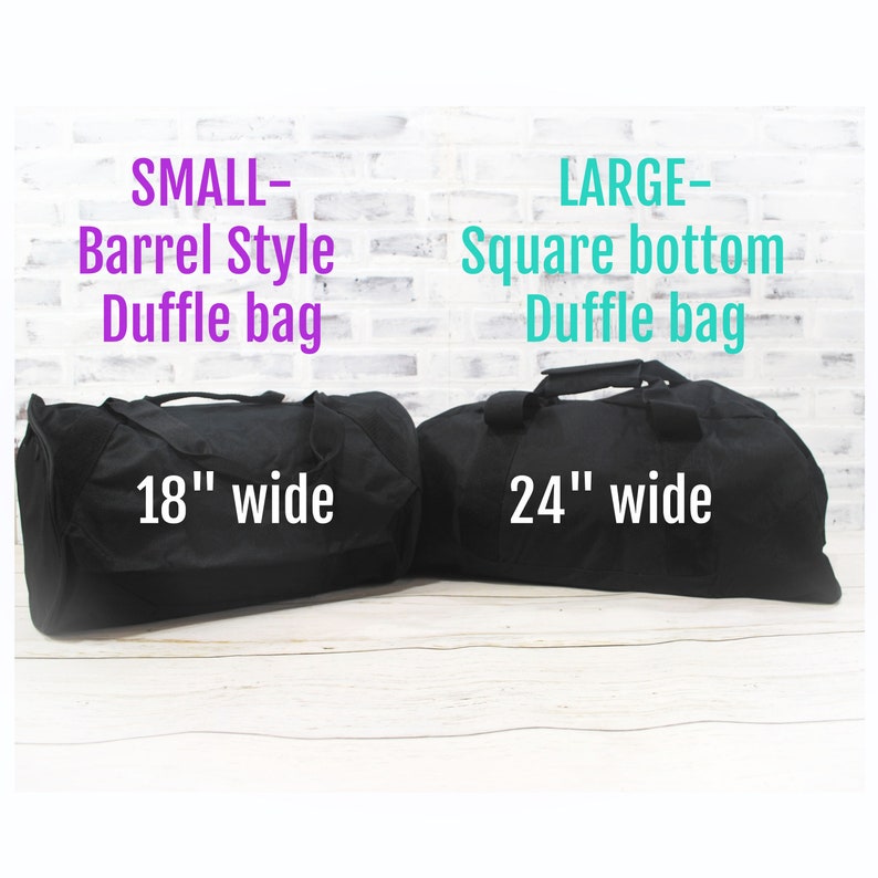 May include: Two black duffel bags, one with a barrel style and one with a square bottom. The smaller bag is 18 inches wide and the larger bag is 24 inches wide.