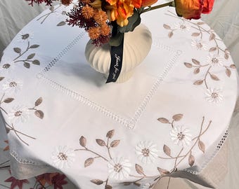 Hand-Embroidered Floral Tablecloth: French Country Linen Blend, Cottagecore Decor