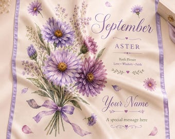 Personalized September Birth Flower Scarf, Custom Aster Name Scarf, Meaningful Gift for Her, Teacher Gift, Birthday Keepsake Silk Scarf