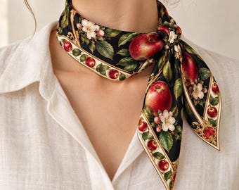 Apple Print Square Scarf, Red Fruit and Blossom Design, Black and Ivory, Silk or Polyester