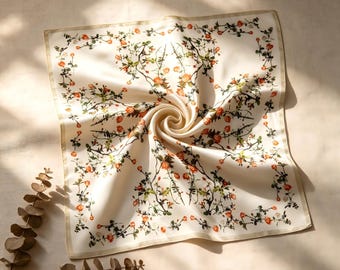 Floral Mulberry Silk Scarf 53x53cm, 12 Momme Satin Silk Bandana, Cottagecore Hair Scarf, Elegant Neckerchief Gift for Her