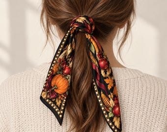 Autumn Harvest Square Scarf, Scarecrow with Pumpkins, Apples and Corn, Black Floral Neck Hair and Bag Accessory gift for her