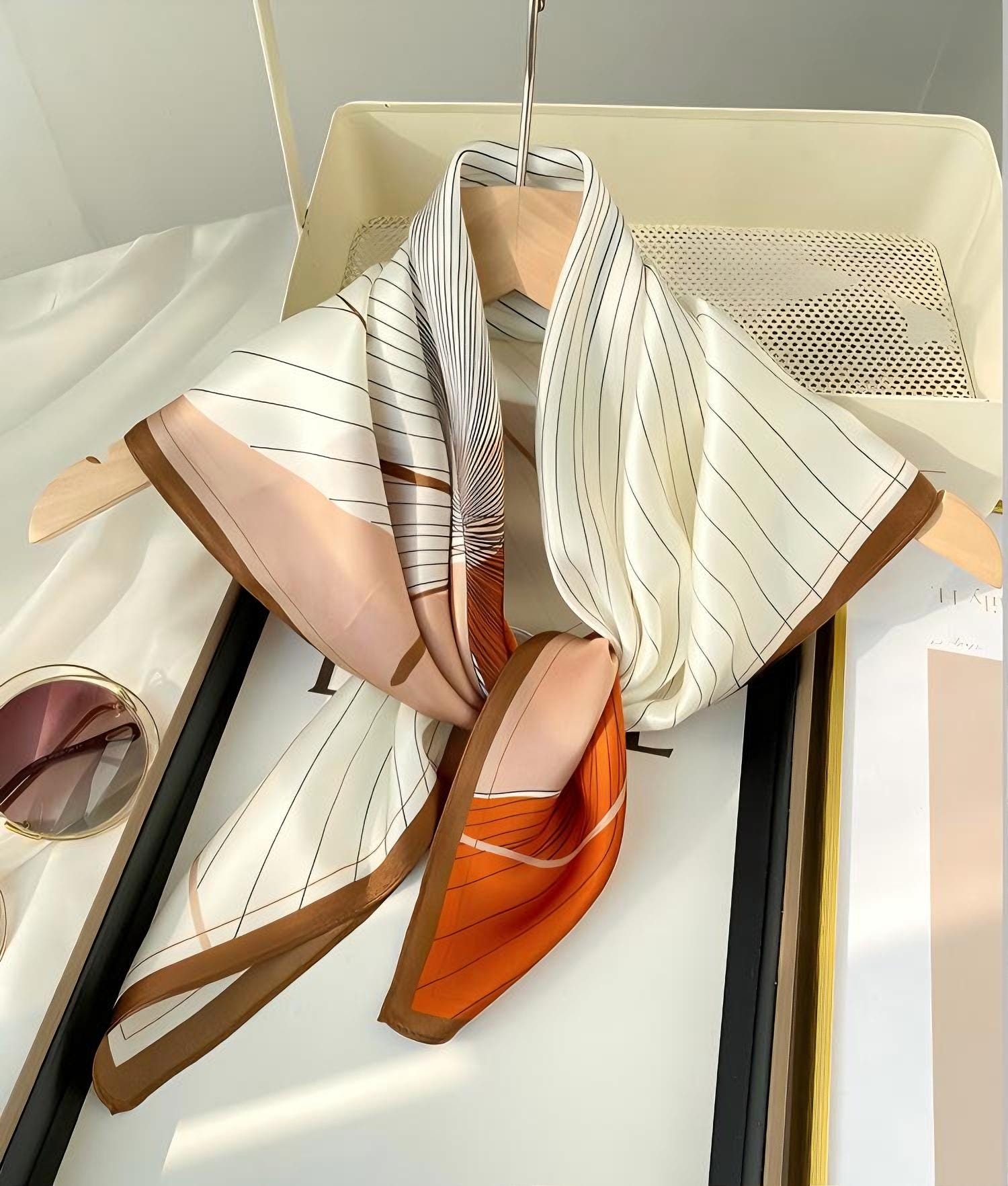 Elegant Mulberry Silk Scarf With Color Block Stripes 