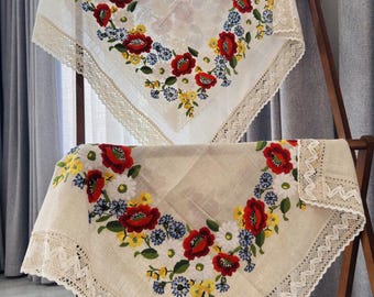 Handmade French Country Tablecloth: Floral Embroidery, Hollow Lace