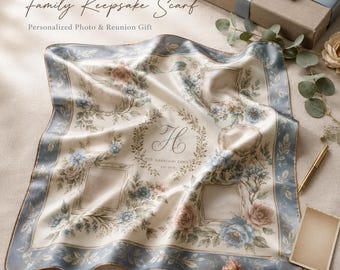Personalized Photo Scarf, Family Reunion Keepsake Gift, Memorial Silk Scarf for Her, Custom Family Name Scarf, Sentimental Gift for Mom