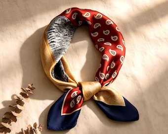 100% Mulberry Silk Scarf 21", Geometric Paisley Silk Bandana, Personalized Gift for Her, Wedding Guest Favor, Luxury Burnt Orange Bag Scarf