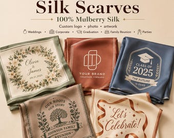 Custom Mulberry Silk Scarves, Logo Photo Artwork, Bulk Event Favors, Graduation gifts, Family reunion gifts, Bridesmaid gifts, Wedding