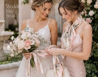 Personalized Wedding Silk Scarf, Custom Bridal Scarf with Names & Wedding Date, 100% Mulberry Silk Charmeuse Twill, Bridesmaid Gift