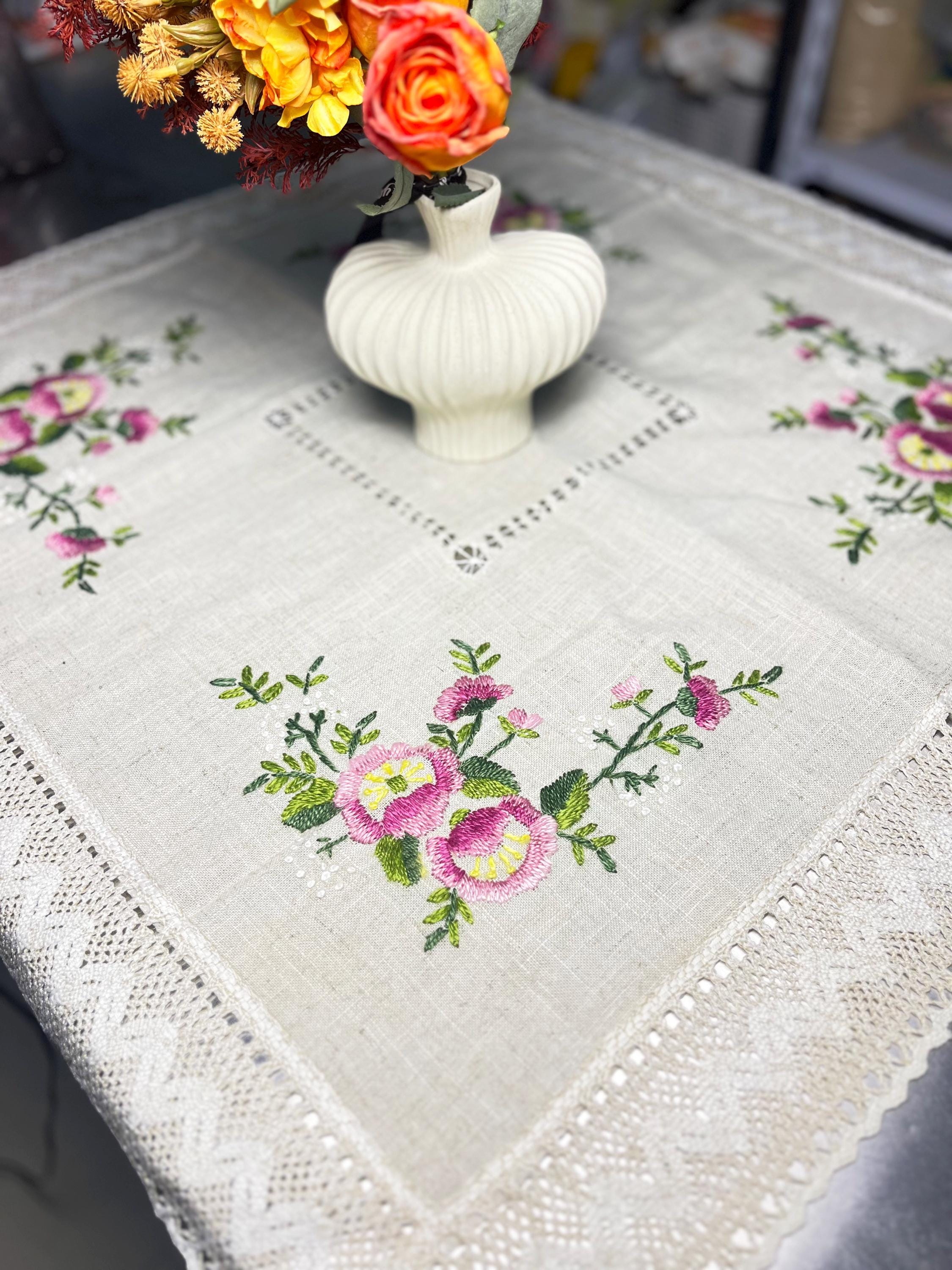 Hand-Embroidered Floral Tablecloth: Vintage Cotton Linen Lace, Christmas gift, gift for mom, gift for her, housewarming, Wedding gift