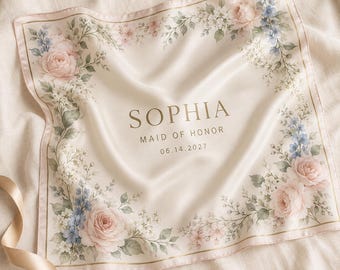 Personalized Bridesmaid Silk Scarf, Custom Wedding Scarf, Maid of Honor Gift, Bridal Party Keepsake, Wedding Day Accessory, Gift from Bride