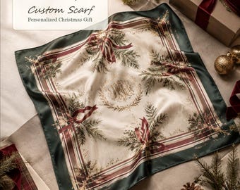 Personalized Christmas Scarf, Custom Holiday Silk Scarf Gift for Her, Monogram Name Scarf, Festive Hair Scarf, Mom Gift, Winter Wedding