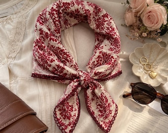 Vintage Red Damask Square Scarf, Crochet Lace Edge Bandana, Cotton Feel Neck Hair Bag Scarf, 70cm Retro Gift for Her