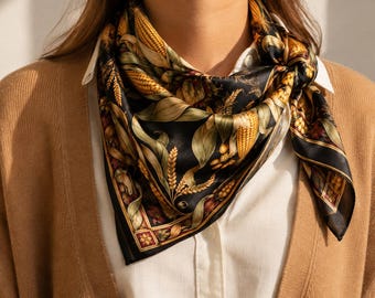 Corn Print Square Scarf, Black and Gold Harvest Design, Silk or Polyester, Four Sizes, Gift For Her