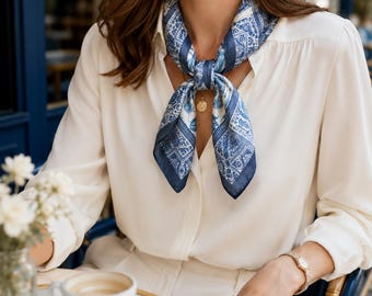 Blue Paisley Silk Scarf, 100% Mulberry Silk Square Scarf, Blue White Porcelain Style Neck Hair Bag Scarf, Vintage Gift for Her