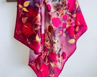 100% Mulberry Silk Scarf, Romantic Floral Square Headscarf, 53x53cm Elegant Handkerchief