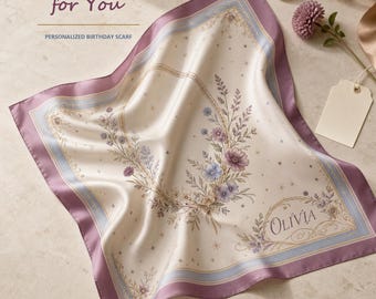 Personalized Silk Scarf, Custom Name Birthday Gift for Her, Birth Month Flower Scarf, Gift for Mom, Sister, Best Friend, Hair or Neck Scarf