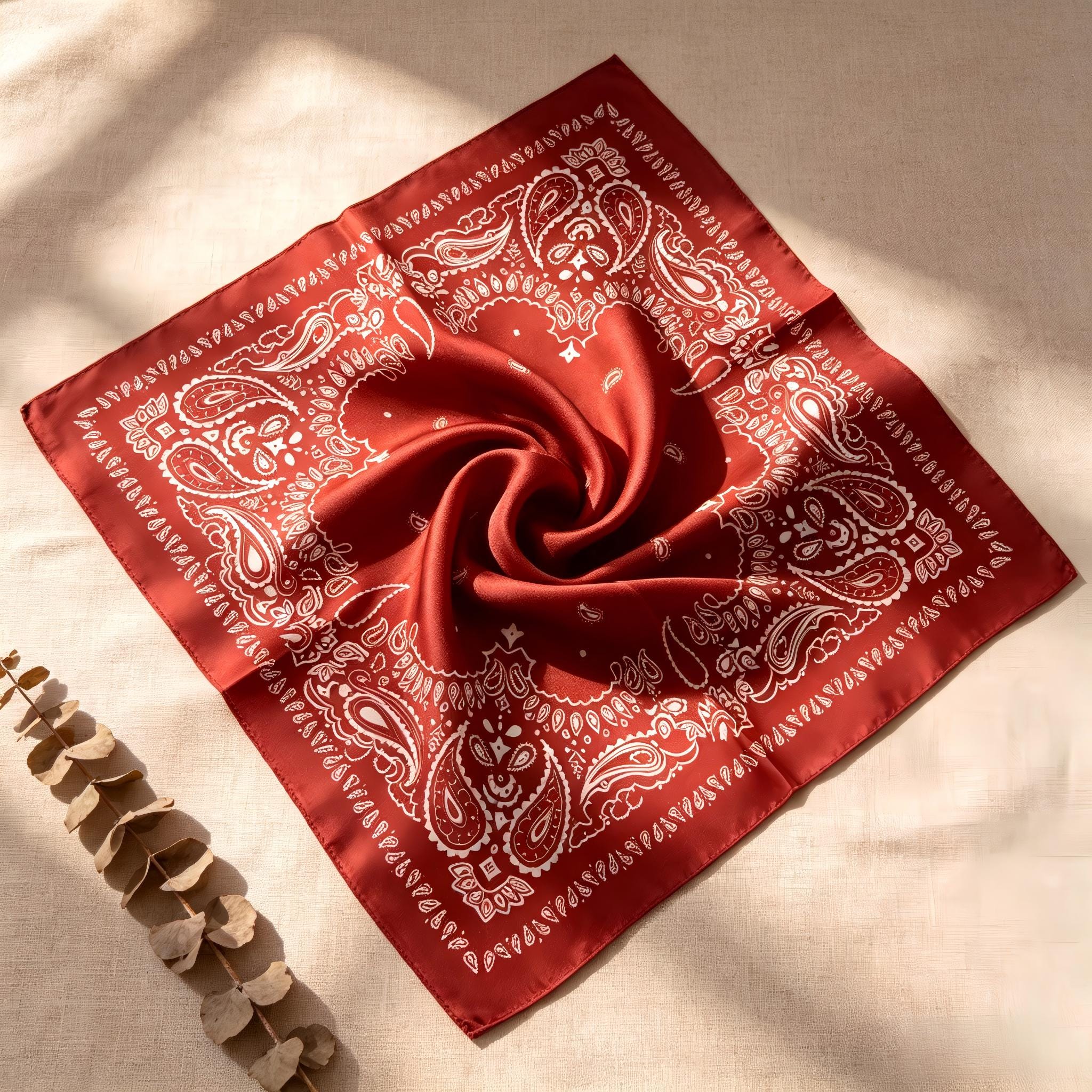Red Silk Bandana Scarf, 100% Mulberry Silk Scarf Vintage Paisley