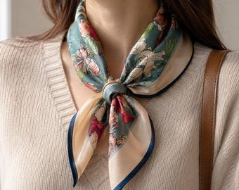 100% Mulberry Silk Floral Scarf, 53cm Square Silk Scarf for Women, Luxury Neck Hair Scarf, Elegant Gift for Her, Birthday Anniversary Gift