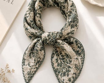 Cotton Neck Scarf for Women, Vintage Green Floral Bandana, Crochet Lace Edge Square Scarf, Cottagecore Gift for Her, Soft Cotton Hair Scarf