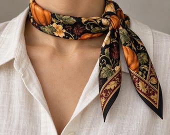 Pumpkin Print Square Scarf, Autumn Botanical Design in Black and Burgundy, Silk or Polyester