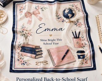 Personalized Back to School Silk Scarf, Custom Name Photo Artwork Scarf, College Student Gift, Dorm Room Gift, Unique Gift for Her