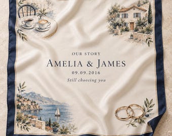 Personalized Anniversary Silk Scarf, Custom Couple Names and Date, Love Story Gift for Wife, Wedding Anniversary Keepsake for Her