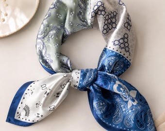 Blue Porcelain Silk Scarf for Women, 100% Mulberry Silk Square Scarf, Vintage Paisley Neck Hair Scarf, Elegant Gift for Her
