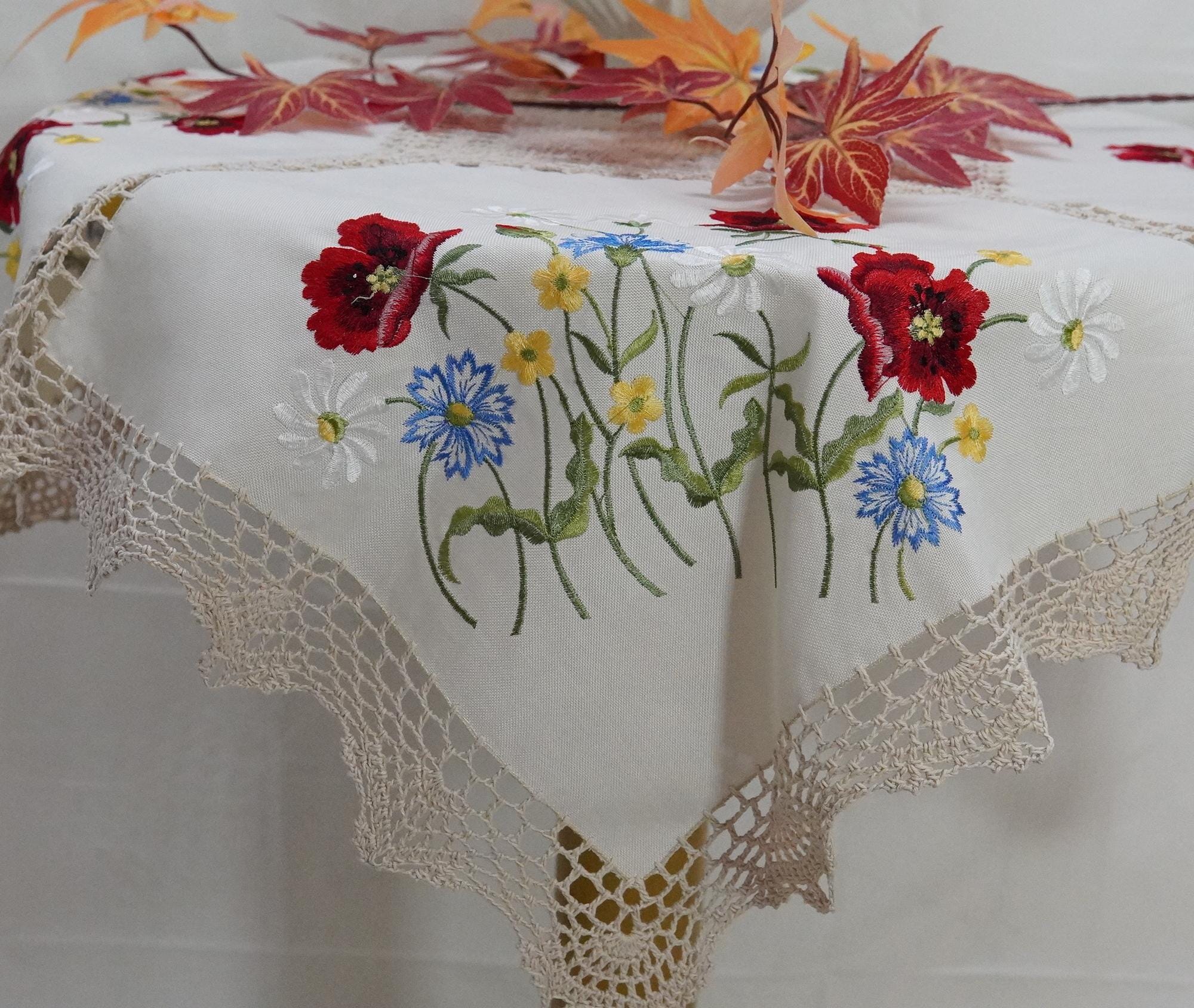 Floral Embroidered Crochet Tablecloth: Nylon & Cotton Lace (33.5-35.4 inches)