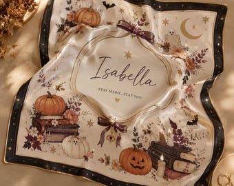 Personalized Halloween Silk Scarf, Custom Name Photo Artwork Square Scarf, Fall Hair Neck Bag Accessory, Halloween Party Gift for Her