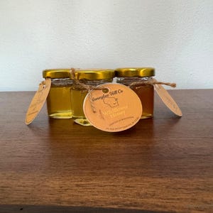 May include: Three small glass jars of honey with gold lids and attached tags. The jars are filled with golden honey and are tied with twine. A round tag with text and a state outline is attached to the center jar.