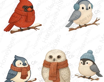 Cozy Winter Birds Clipart | 11 PNGs | Blue Jay, Cardinal, Chickadee, Titmouse, Snowy Owl | Christmas Woodland Animals | Winter Clip Art Set