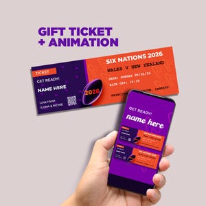 Könnte beinhalten: Ein Geschenkticket für das Rugby-Spiel Wales gegen Neuseeland der Six Nations 2026. Das Ticket ist orange und lila mit dem Text "Six Nations 2026" und "Wales gegen Neuseeland". Ein Smartphone zeigt eine digitale Version des Tickets.