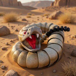 May include: A segmented, articulated toy rattlesnake with a tan, textured body, a wide-open mouth revealing a bright red tongue, sharp white fangs, and piercing red eyes. The snake features a black, multi-part rattle at the end of its tail.