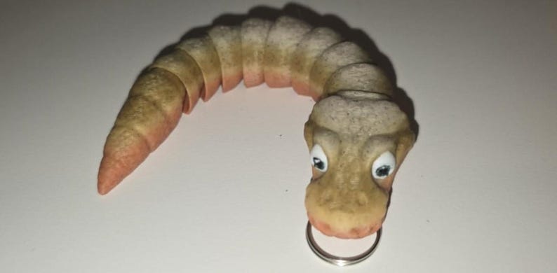 Pu&ograve; includere: Un portachiavi a forma di verme. Il portachiavi presenta un corpo segmentato color beige con accenti rosa e un volto sorridente con occhi blu. Un anello argentato &egrave; attaccato alla bocca del verme.