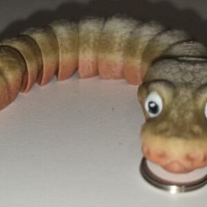 Pu&ograve; includere: Una stravagante statuetta segmentata a forma di verme, con un volto sorridente e grandi occhi espressivi. Il giocattolo &egrave; principalmente beige con accenti rosa-rossastri e sembra tenere un anello d'argento in bocca. Il design &egrave; a fumetti e giocoso.