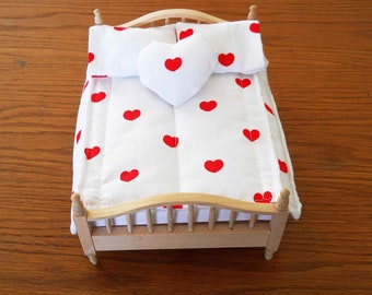 Dollhouse Quilt and Pillows Set  1:12 Size  Red Hearts   Includes  2 Pillows With Cases and Heart Shaped Pillow
