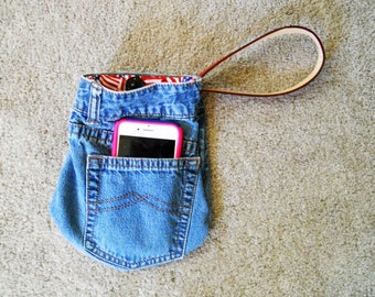 Denim Wristlet Purse Lined With Flags With Red Leather Strap Blue Jean Purse