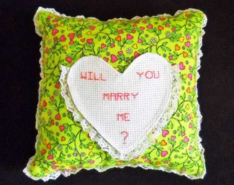 Proposal Ring Pillow  Will You Marry Me?  Cross Stitch Pillow  Valentine Proposal