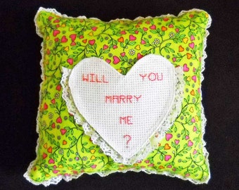 Proposal Ring Pillow  Will You Marry Me?  Cross Stitch Pillow