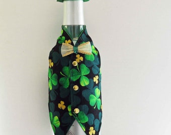 St Patrick's Day Wine Bottle Vest Shamrocks  Vest  With Green Glitter Top Hat