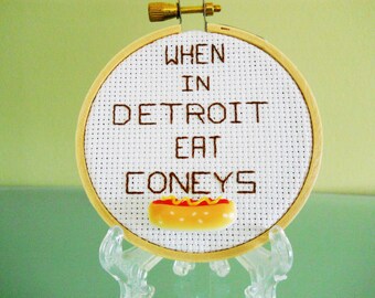 Detroit Michigan Coney Dog Cross Stitch 3 Inches  Easel Included