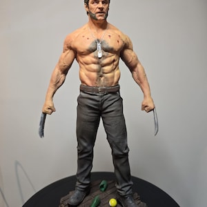 Peut inclure: Figurine détaillée d'un personnage musclé à l'expression sévère, vêtu d'un pantalon sombre et tenant des griffes métalliques. La figurine porte un collier avec une plaque d'identité et se tient sur une plateforme en bois avec de petits objets.